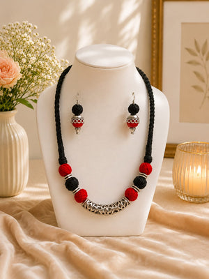Red and black cotton balls oxidise necklace with earrings