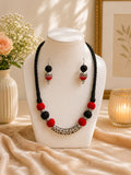 Red and black cotton balls oxidise necklace with earrings