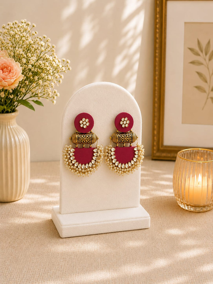 Chandbali golden oxidise fabric earrings
